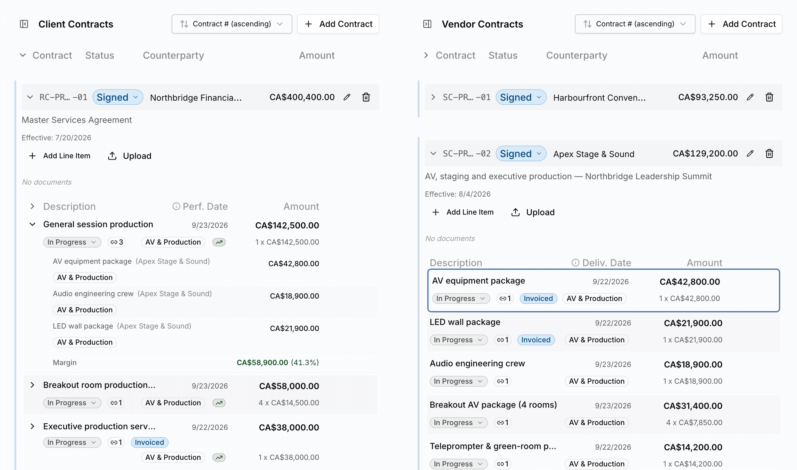 Client Contracts and Vendor Contracts side by side: the revenue line General session production expanded to its three linked vendor cost lines and a Margin row of CA$58,900 at 41.3%, with the linked cost line AV equipment package highlighted in the vendor contract on the right